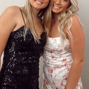 FLORAL STRAPLESS SATIN DRESS